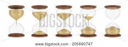 3d rendering of a set of several hourglasses standing in one row with the sand in different stages of falling down. Lifetime decisions. Countdown. Start and finish.