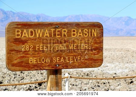 Badwater Basin Sign In Death Valley National Park, California, Usa