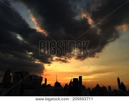 Silhouette Of Buildings At Sunrise City Of Bangkok, Thailand