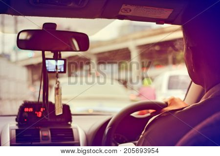 The Scene Of The View From The Taxi Car With Taxi Meter Display In Bangkok, Thailand
