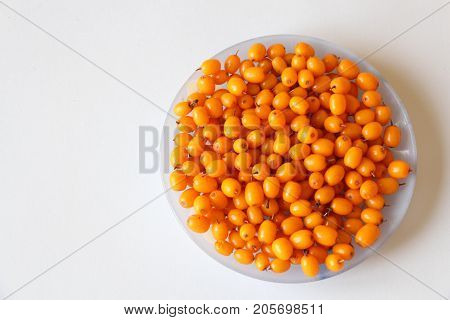 bright orange sea-buckthorn berries on a saucer