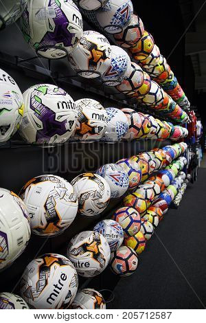 Swansea, UK: July 09, 2017: Six rows of footballs in a vertical format.