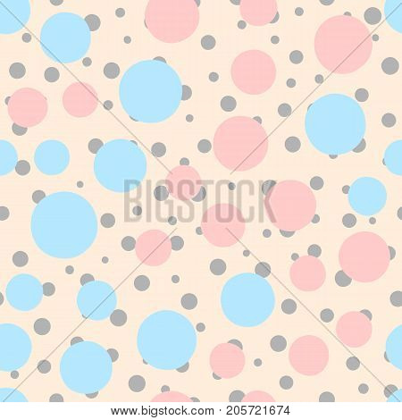 Trendy seamless pattern with scattered circles. Drawn by hand. Pink blue beige dark gray colour. Vector illustration.