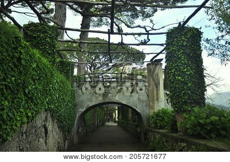 Green garden and stone bridge in Italian villa