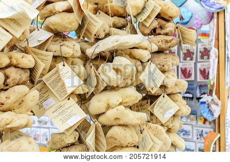 SPLIT, CROATIA - 13 JULY, 2017: Sea sponge in a souvenir shop in the city of Split.
