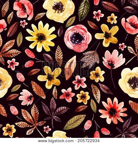 Cute watercolor floral background. Detailed seamless pattern with decorative flowers petals leaves and natural elements. Hand painted delicate floral illustration