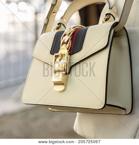 MILAN ITALY - SEPTEMBER 21: Detail of bag outside Fendi fashion show building during Milan Women's Fashion Week on SEPTEMBER 21 2017 in Milan.