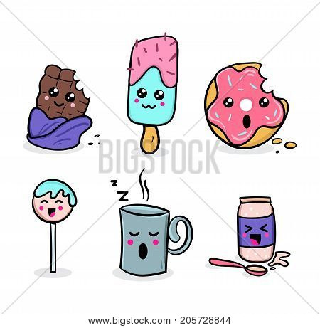 kawaii food set. Sweet kawaii characters illustrations. Hand drawn doodles with emotions. Vector illustration.