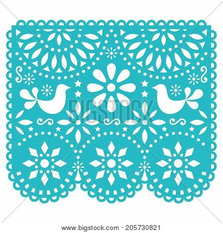 Papel Picado vector template design, Mexican paper decorations with birds and flowers, traditional fiesta banner in turquoise