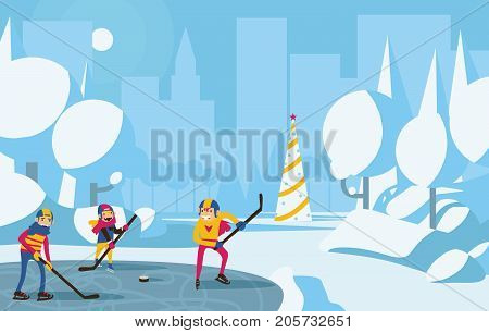 Happy family playing hockey in park in the city. Trees with snow blue and aqua colors christmas tree on background. Horizontal vector illustration with winter scene.