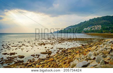 Rocky Beach At Sunset. Beautiful Gold Sundown At Rocky Coast. Selective Focus