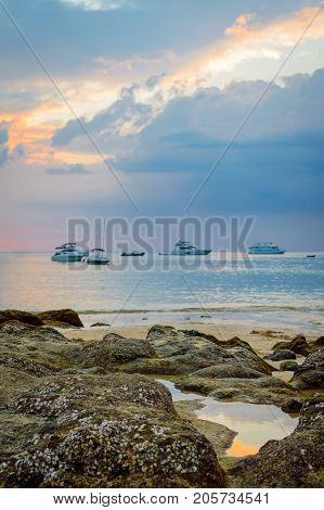 Rocky Beach At Sunset. Beautiful Gold Sundown At Rocky Coast. Selective Focus