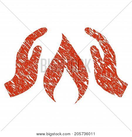 Grunge Warm Up Hands rubber seal stamp watermark. Icon warm up hands symbol with grunge design and scratched texture. Unclean vector red sign.