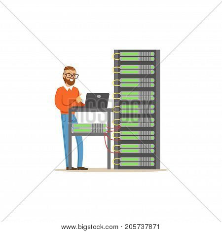 Network engineer administrator working in data center using laptop to analyze system, server maintenance support vector illustration isolated on a white background
