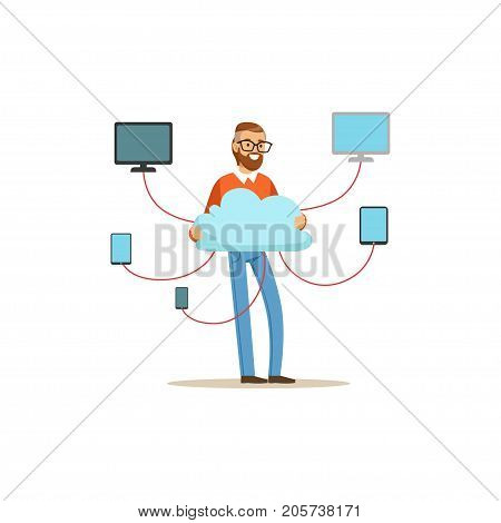 Network engineer administrator working in data center, cloud computer connection hosting server database synchronize technology vector illustration isolated on a white background