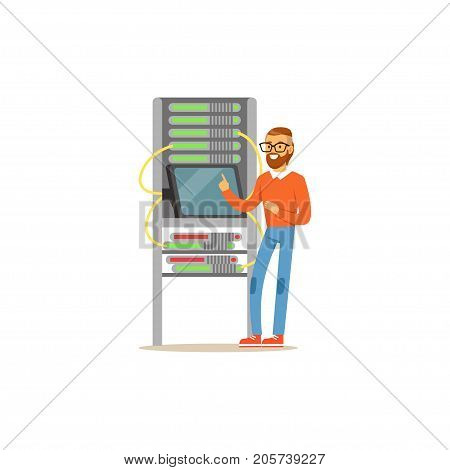 Network engineer administrator working in data center using tablet connected to server rack, server maintenance support vector illustration isolated on a white background