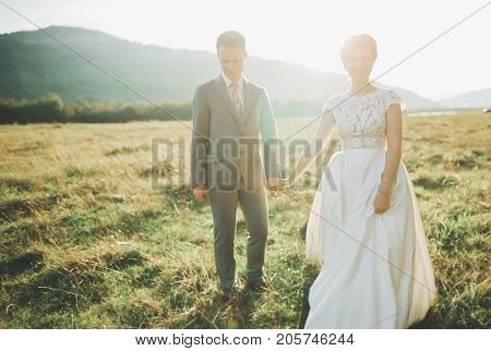 Beautiful wedding couple, love on the sunset. Fielf with view on mountains.