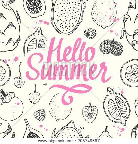 Seamless nature pattern with sketch of fruit. Black vector line illustration of papaya, fig, pear, peach, mangosteen, lychee on black background. Tropical food.