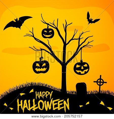 Happy Halloween Poster - Graveyard With Punpkins Tree