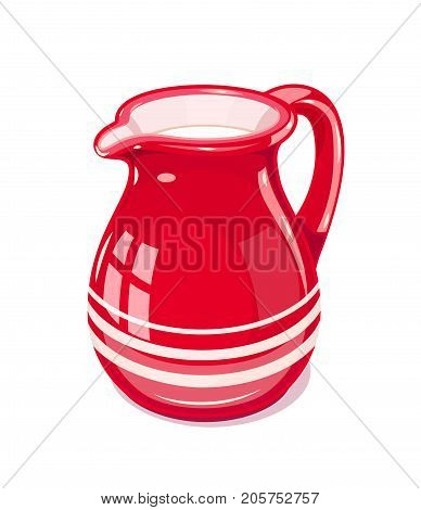 Red Ceramic jug with milk. Fictile tableware. Capacity for drink. Isolated white background. Vector illustration.