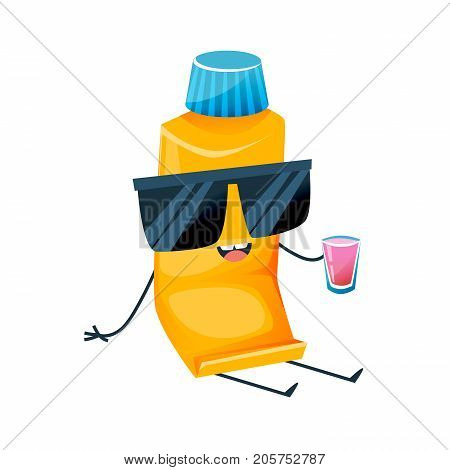 Concept of school funny office supplies. Happy tube with face. Cartoon happy school character funny tube with glue, with glasses, with a cocktail in hand. Modern education. Vector illustration.