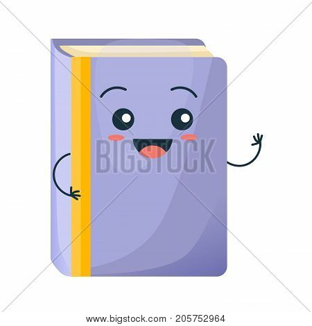 Concept of school funny office supplies. Happy school book with face. Cartoon happy character colorful school book smiles, waving. Education, development, school material. Vector illustration.