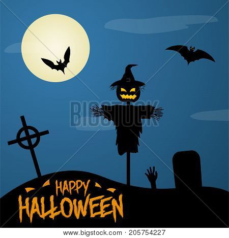 Happy Halloween Poster on Dark Moon Background. Scarecrow on the Graveyard.