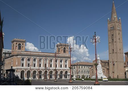 Forli (Emilia Romagna Italy): the Aurelio Saffi square with church of San Mercuriale and other historic buildings