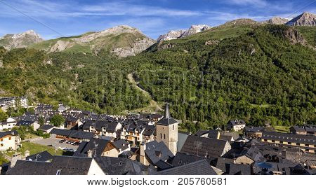 PANTICOSA SPAIN - JUNE 6 2017: The municipality of Panticosa located in the province of Huesca Aragon Spain in between holiday seasons. In winter it is a popular ski resort in summer it is a paradise for hikers and mountain climbers.