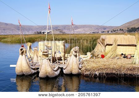 Uros floating islands on high altitiude lake Titicaca in Puno, Peru