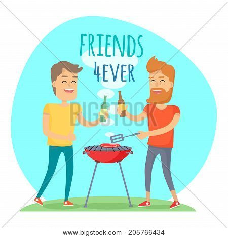 Two man with drink fried meat on barbecue in summer sunny day. Friends forever has funny free time in cartoon style. Boy with beard holding bottle of beer cheers another male vector illustration