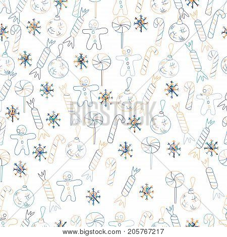 Seamless Christmas background. Hand drawn pattern with gingerman fir trees snowflakes.
