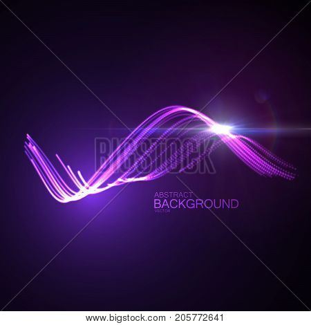 3D glowing purple neon digital wave of particles and lens flare light effect. Abstract technology background. Futuristic vector illustration of shiny flowing purple substance. Luminous curved shape