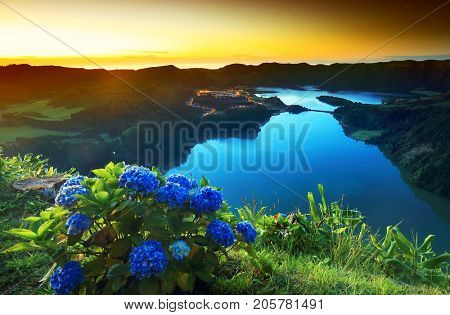 Sunset lanscape from the volcanic crater lake of Sete Citades in Sao Miguel Island of Azores, Portugal, Europe