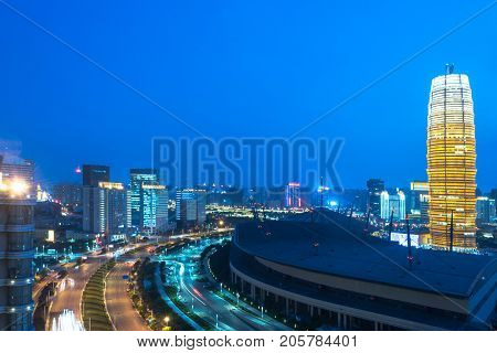 Zhengzhou cityscape with International Convention and Exhibition Center,Zhengzhou city,Henan province,China,East Asia.