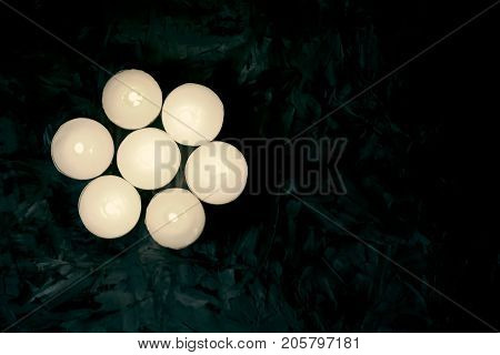 Burning Candles On Dark Background. Festive Composition.