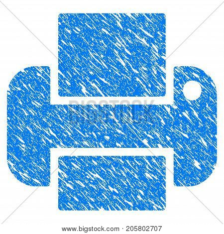 Grunge Printer icon with grunge design and dust texture. Unclean vector blue printer pictogram for rubber seal stamp imitations and watermarks. Draft sign symbol.