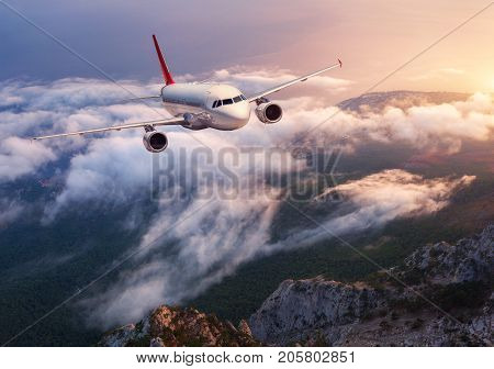 Beautiful Airplane Is Flying Over Low Clouds At Sunset