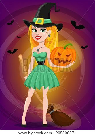 Halloween greeting card. Beautiful lady witch wearing pilgrim hat and holding broom and pumpkin. Cartoon character on beautiful background with bats. Vector stock