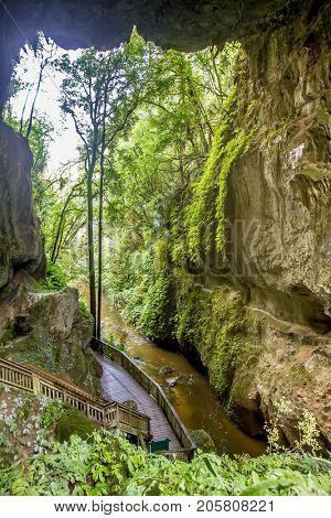 beautiful forest river, countryside, cave, natural bridge