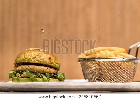 Chicken Hamberger with fries fast food