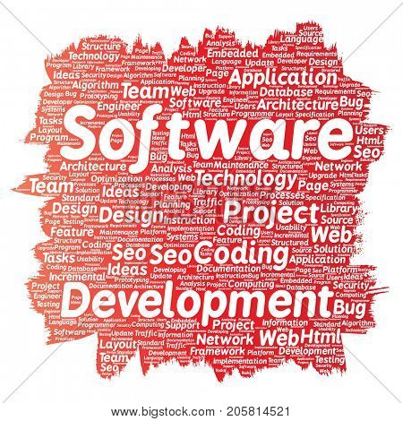 Conceptual software development project coding technology paint brush word cloud isolated background. Collage of application web design, seo ideas, implementation, testing upgrade concept