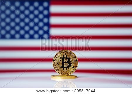 Bitcoin. Bitcoin on USA united states flag background