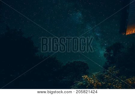 Silhouette Of Trees In Front Of The Milky Way And Part Of House Building At Yardimli Azerbaijan Natu