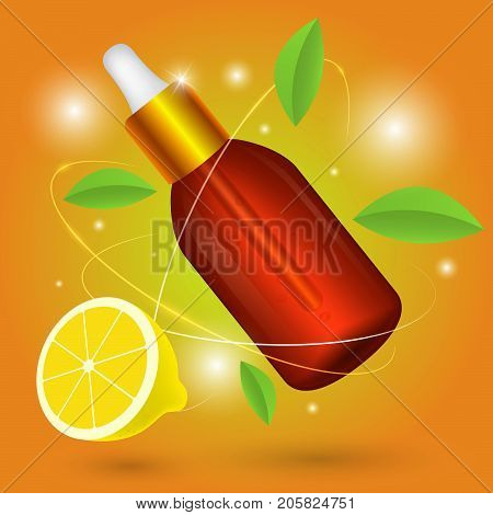 Oil with vitamin c. Organic cosmetics. Vector 3d bottle with lemon extract and essence.