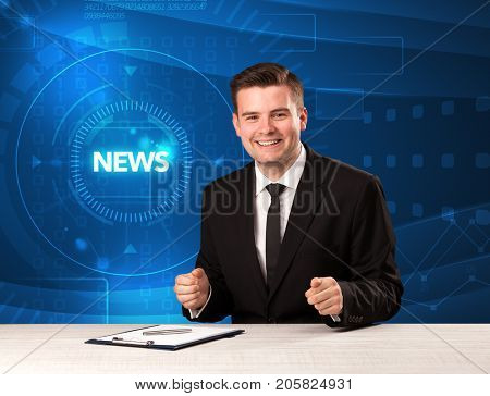 Modern televison presenter telling the news with tehnology background concept