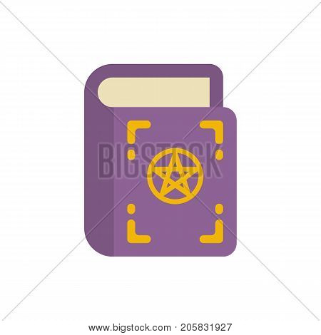 Withes spell book flat icon. Purple occult book with pentagram on cover. Halloween flat illustration