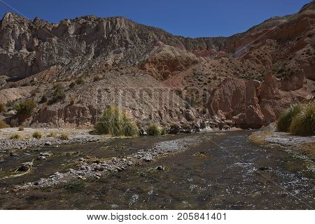 Colourful rock formations along Quebrada Allane on the Altiplano of northern Chile.