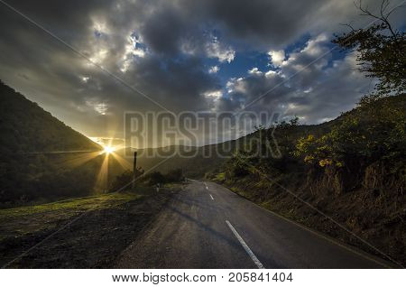 Cycling Mountain Road. Misty Mountain Road In High Mountains. Cloudy Sky With Mountain Road. Azerbai