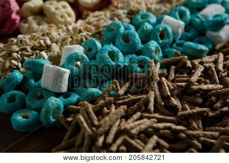 Close-up of various breakfast cereals